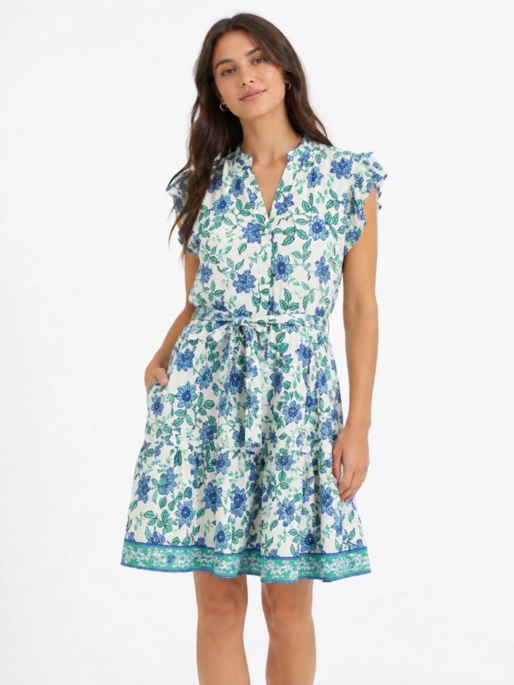 Calypso St. Barth Womens White & Blue Floral Flutter Sleeve Dress Size 12 Button